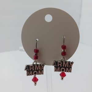 Military Army  Mom Womens Earrings Silver Tone Red Beaded Glass Handmade